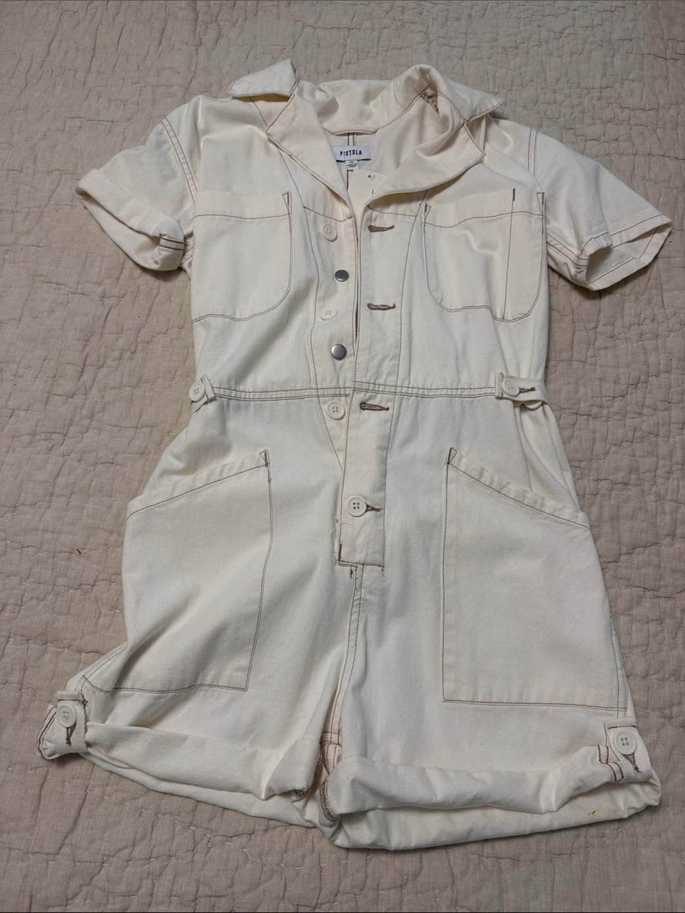 pistola Cream Short-Sleeve Utility One-Piece Romper